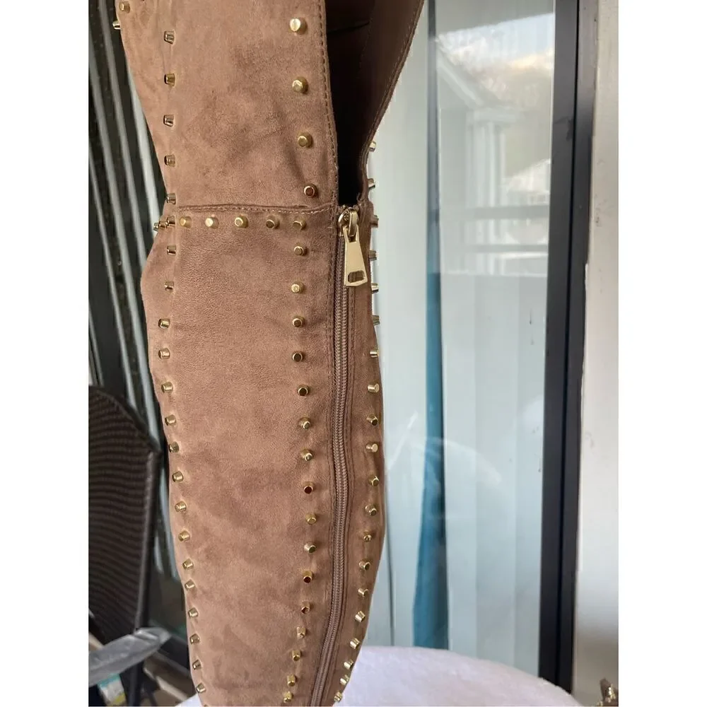 New Venus Faux Suede Studded Over the knee Taupe Boots